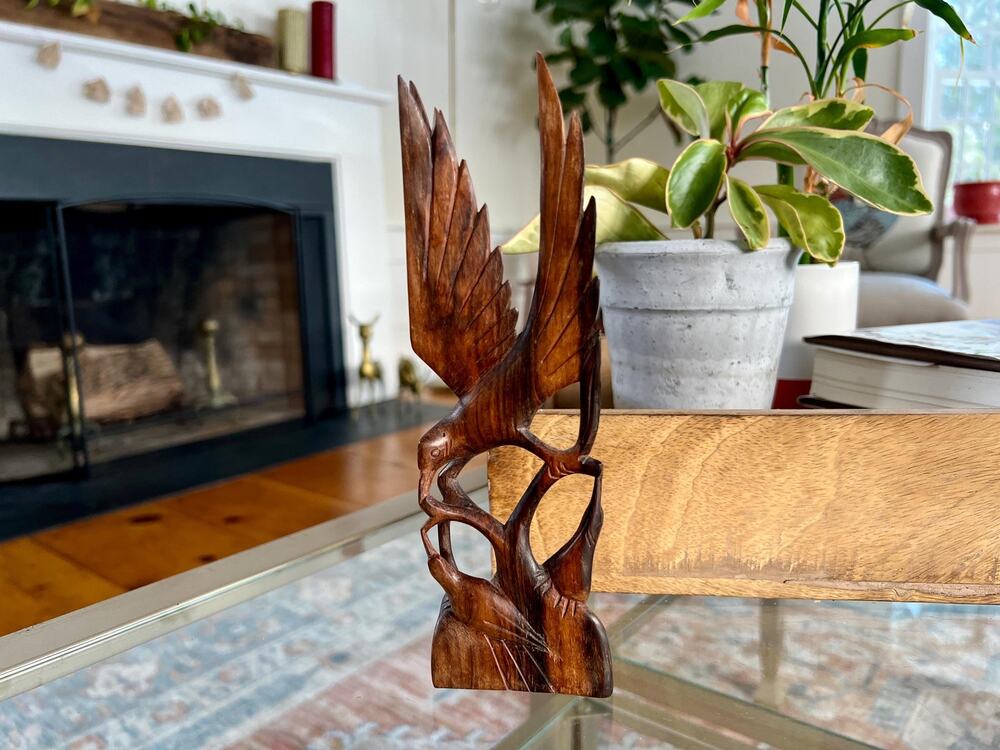 Hand Carved Flying Bird Sculpture Mid Century Wood Figurine Feeding Birds 8"